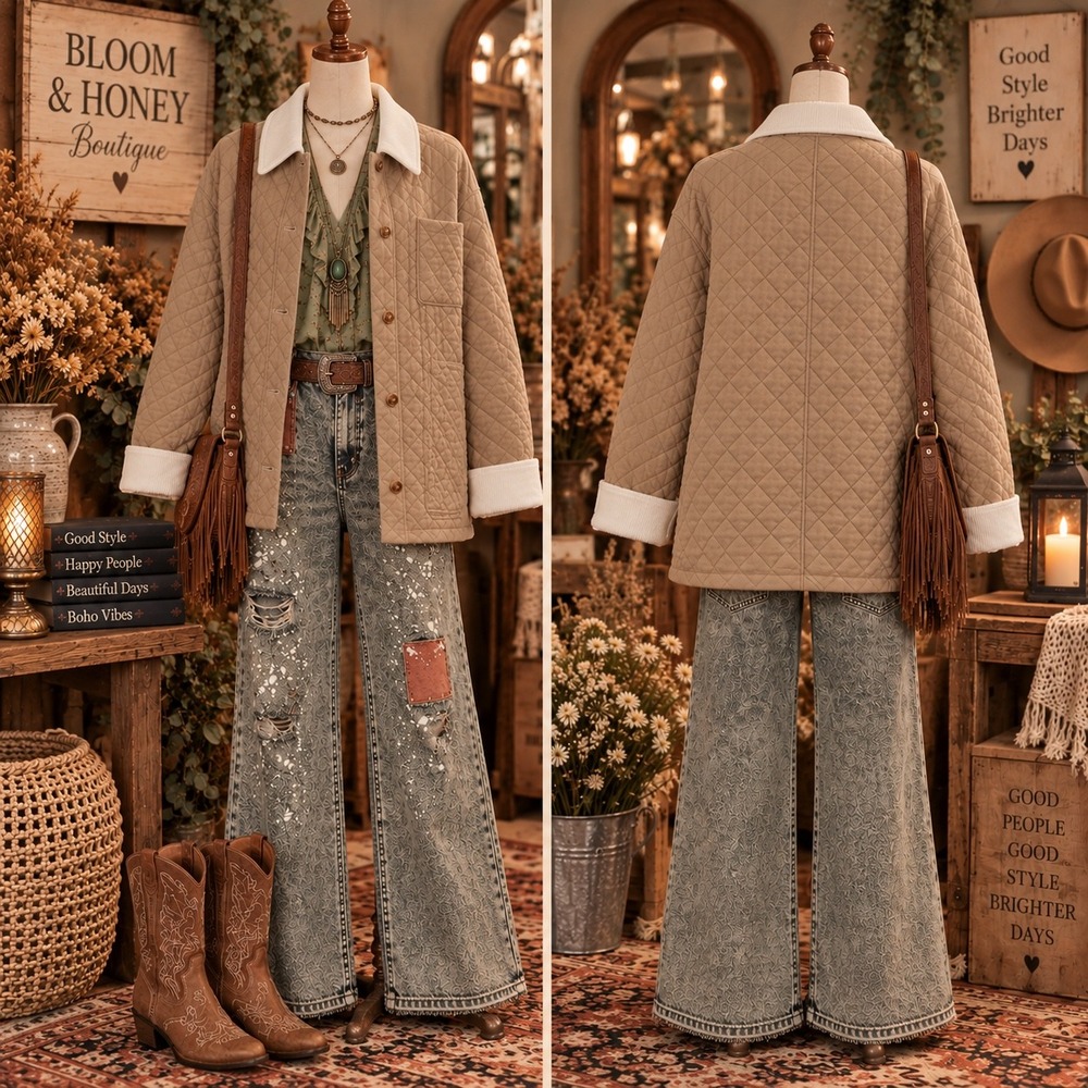 289.New Rareraw Tan Quilted Jacket White Corduroy Trim Button Boho Western Coat